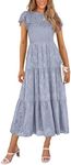 PRETTYGARDEN Women's Floral Midi Dresses 2025 Summer Cap Sleeve Smocked Ruffle A Line Long Flowy Wedding Guest Dress (Grey Blue,Medium)