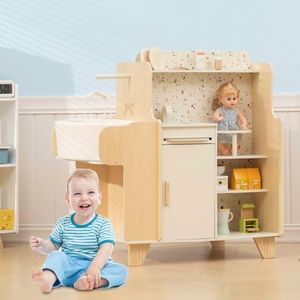 Wooden Baby Doll Crib, 4-in-1 Wooden Baby Care Playset with Cradle, Montessori Role Play Toy for Kids Ages 3-9,Kitchen Playset & Play Kitchen Toy Set, Gift for Boys & Girls