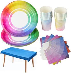 MATANA 61-Pcs Rainbow Birthday Party Tableware for Kids, Boys & Girls (15 Guests) - 15 Paper Plates, 15 Paper Cups, 30 Napkins & 1 Large Tablecloth