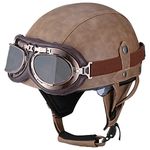 Woljay Vintage Leather Motorcycle Retro Half Helmet Men Women Adult for Scooter Bike Cruiser with Goggles and Drop Down Sun Lens (Medium, Brown)