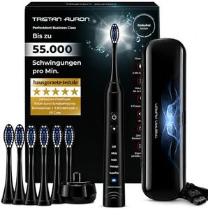 Tristan Auron Schallzahnbürste - Beste Reisezahnbürste 2025-100 Tage risikofrei testen - 55000 Elektrische Schwingungen 5 Programme 60 Tage Batterie mit UV Reiseetui 6 Aufsätze Business Class Schwarz