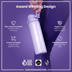 Ion8 Steel Water Bottle 600ml – Leak Proof, Flip Cover, Light Purple