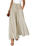 Dokotoo Palazzo Pants for Women Dressy Summer Flowy High Waist Drawstring Wide Leg Long Pants Casual Loose Breathable Lounge Yoga Trousers Ladies Beach Culottes Pants with Pockets Beige M