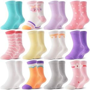 Welwoos Baby Girls Toddlers Grips Socks Kids Non Slip Anti Skid Funny Animal Cartoon Gift Cotton Socks with Grippers 12 Pairs Stocking Stuffers(Cartoon Colorful,6-12M)