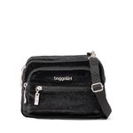 Baggallini Triple Zip Small Crossbody Bag for Women - 8x6 Lightweight Convertible Fanny Pack Belt Bag, Black Velvet, One Size