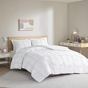 Intelligent Design Jolene Comforter Set Pleated Chiffon Ruffled Trim Geometric Design, All Season, Cozy Bedding, Matching Sham, Full/Queen(90"x90"), White 3 Piece