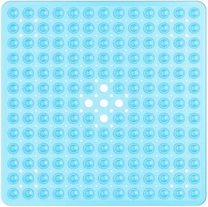Square Shower Mat Non Slip Anti Mould - 53 x 53cm/21 x 21inch Anti Slip Blue Shower Mat with Suction Cup, Antibacterial Rubber Bathtub Mat with Drain Holes, Machine Washable, Blue