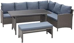 Outsunny 4 Pieces Patio Furniture Set, Outdoor Dinning Set Rattan Wicker Furniture with L shaped Long Sofa, Dining Table and Bench for Backyard Garden Poolside Balcony- Grey