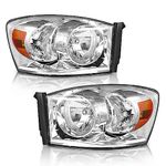 WEELMOTO For 2006-2008 Dodge Ram Headlights Assembly, Compatible with 2006 2007 2008 Dodge Ram Headlight Replacement Automotive Headlamp Headlight Assemblies Pair Chrome Housing Amber Reflector