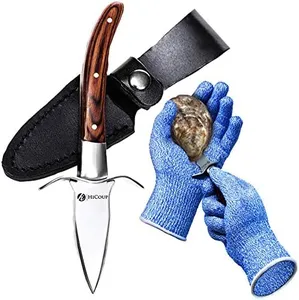 HiCoup Oyster Shucking Knife and Glove Kit - Clam and Oyster Knife Shucker Set with Stainless Steel Seafood Opener Tool, Wood Handle and Gloves﻿