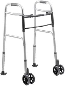 Dr. Aid Premium 2 Button Folding Walker with Wheels, Rolling Front Wheel Walker, Lightweight Walkers for Seniors, Durable Aluminum Frame, Adjustable Height, Up to 400lbs