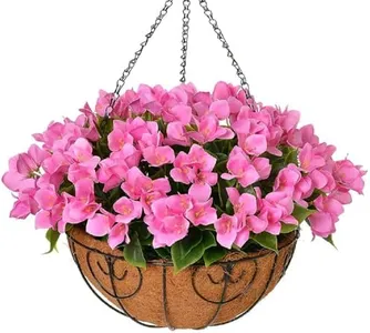 Artificial Fake Hanging Flowers Plants Basket for Outdoor Spring Decor, Faux Silk Bougainvillea Flowers in Planter Look Real UV Resistant Faux Flower Arrangement for Porch Home Patio Garden, Pink