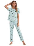 SMOWKLY Printed Round Neck Short Sleeve Nightsuit Set | Pajama Set | Night Dress for Women (1026_SKBL_XL) Sky Blue