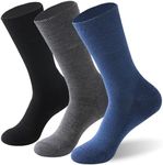 Forcool Wide Diabetic Merino Wool Non Binding Loose Top Mid Calf Cushion Diabetes Dress Crew Socks Circulation, Large 3 Pairs Black/Navy Blue/Dark Gray