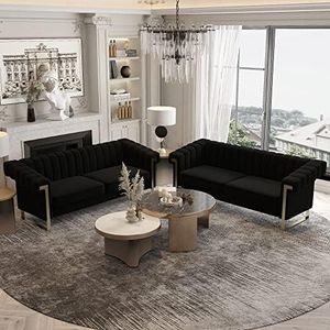 ANTTYBALE 83'' Velvet Couch Sofa Mid-Century Modern Love Seat Chesterfield 3 Seat Couches Sofa for Living Room Apartment (Black-2 PCS)