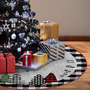 Christmas Tree Skirt 48 Inches Buffalo Plaid Xmas Tree Skirts for Christmas Party Home Decor Red Pine Trees Merry Christmas Tree Skirts for Farmhouse Christmas Decor