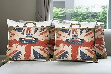 Ambesonne Union Jack Decorative Throw Pillow Case Pack of 4, Vintage Travel Suitcase British Flag London Ribbon and Crown Image, Cushion Cover for Couch Living Room Car, 24", Blue Brown