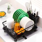 Dish Drainer Rack Stainless Steel Dish Drying Rack Kitchen with Drip Tray Space-Saving Draining Board Rack for Counter Sink with Cutlery Holder for Utensil Washing Up, Black 15''L x 11''W