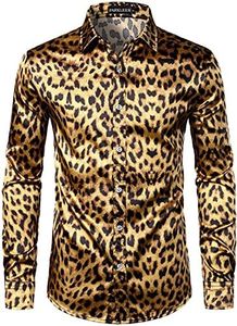 PARKLEES Camisa de vestir informal de satén con botones y estampado de seda para hombre, para fiestas y bodas, Zlcl31-103-dorado, L