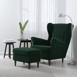 Cloud Craft Wooden Wing Chair for Living Room Bedroom High Back Arm Chair Cushioned Lounge Chair Single Seater Sofa |Luxury Rest Chair Arm Chair | Upholstered Armchair with Ottoman (Green)