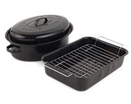 Russell Hobbs COMBO-1922 Vitreous Enamel Roaster with Rack & Self Basting Roaster Tin with Lid, Ovenware, Resistant to Staining and Colouring Roasting Tray Tin for Baking/Roasting, Black