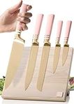 Pink Knife Set with Magnetic Knife Block - 6 PC Pink and Gold Knife Set with Block Includes Pink Kitchen Knife Set & Ashwood Magnetic Knife Holder - Pink Kitchen Accessories