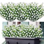 Dremisland 10 Bundles Artificial Flowers Outdoor UV Resistant Faux Flowers Fake Boxwood Plants Spring Summer Decoration Home Greenery Shrubs Window Porch Home Garden Farmhouse Decoration (White)