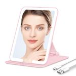 Auxmir Rechargeable Travel Vanity Mirror, Portable Makeup Mirror, 3 Color Lighting, Dimming Touch Screen, Folding Rotating Lighted Beauty Mirror with Stand for Home, Travel(Pink)