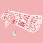 Cute Cat 2.4G USB Wireless Keyboard and Mouse and Mosepad Combo, Candy Color Soundless Keys, Compatible with Notebook, PC (Pink-110Keys)