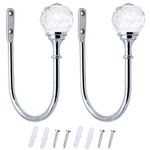 BlueXP 2 Pack Metal Curtain Holdback Hook Crystal Ball U-Form Wall Mounted Curtain Tie Back Hook Decorative Curtain Drapery Holdback Arms Hook for Window Shower Curtain Drapery Voile Towel Coat Sliver