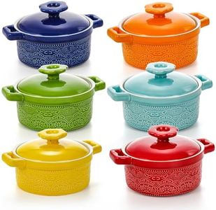 Hacaroa Set of 6 Mini Cocotte with Lid, 8 Oz Ceramic Ramekins with Handles, Small Casserole Dishes Individual Serving Pot for Baking, Soufflé, Soup, Cobbler, Oven Safe, 6 Colors
