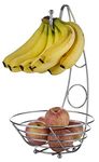 EXZACT Fruit Basket Fruit Bowl with Banana Hook 43cm Tall, Wired Fruit Rack/Banna Stand Hanger - Silvery Chrome Finish