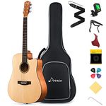 Donner Acoustic Guitar Full Size 4/4 Beginner Set Acoustic Guitar 41 Inch Cutaway Guitar Starter Dreadnought Kit with Gig Bag Capo Picks Strap String (Natural)