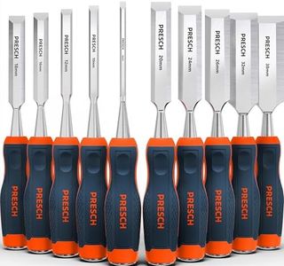 Presch Wood Chisel Set 10 pcs. (6, 10, 12, 16, 18, 20, 24, 26, 32 & 38 mm) - Fully Polished for immediate use - for Professionals with a 25° Angle and Robust Metal Striking Cap