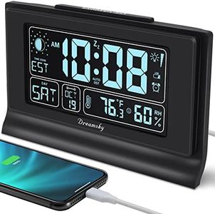 DreamSky Alarm Clocks for Bedrooms with Battery Backup, Auto Set Digital Clock with Date and Day of Week, Indoor Temperature Humidity, Moon Phase, Dimmer, Auto DST, USB Port