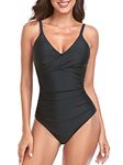 RELLECIGA Women's Black V Neck Ruched One Piece Swimsuit Twist Front Bathing Suits Size Large