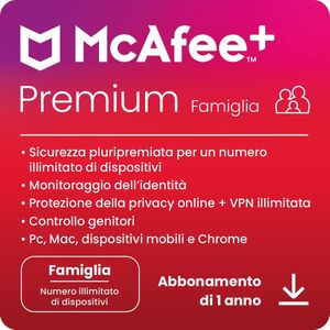 McAfee+ Premium Famiglia Antivirus, VPN, gestore password, Internet Security e dispositivi mobili PC/Mac/iOS/Android Abbonamento di 1 anno Codice di attivazione tramite e-mail