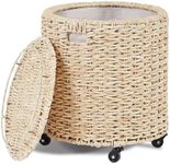 Wimarsbon Vintage Storage Basket, Multipurpose Rolling Hamper With Brakable Wheels and Lid, Braid Laundry Bin, Handwave Clothes Toy Organizer Tote for Living Room