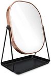 Navaris Vanity Mirror with Tray - Table Top Mirror with Metal Stand and Storage - 7" x 9" Mirror Size - for Makeup, Tabletop, Desk - Copper Finish