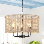 Farmhouse Rattan Chandelier 5 Light Rustic Hand Woven Large Boho Chandeliers for Dining Room Light Fixtures Ceiling Hanging 19" Wicker Drum Pendant Lighting for Kitchen Island Living Room FoyerHallway