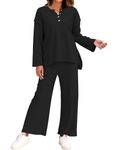 ROYLAMP Womens 2 Piece Outfits Fall Long Sleeve Button Crew Neck Top Long Pant Trendy Matching Casual Sweatsuit Tracksuits Sets Black XL