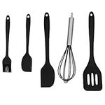 5Pcs Silicone Spatula Set, 5colors Baking Utensils, Home Bakery with Whisk, Heat Resistant Turner, Rubber Brush, and Egg Beater Tool(Black)