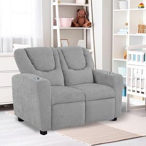 Naomi Home Suri Kids Recliner Loveseat with Cup Holders & Footrests, Gray Chenille - Cozy 2-Seater Lounge for Children