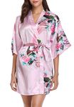 Vlazom Women Kimono Robes Satin Dressing Gown Peacock and Blossoms Sleep Lounge Nightwear Short Silk Bride Bridesmaid Robe,M(UK 8-10) ,Pink