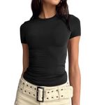 LACOZY Womens 2024 Round Neck Short Sleeve Shirt Skinny Dupes Tee Shirt Casual Y2K Workout Crop Top Black M