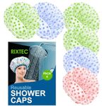 RIXTEC Shower Cap Set of 6 for Women, Reusable Waterproof Elastic Eva Free-Size Bathroom Shower Caps - For Homes, Spas, Salons, Hair Treatment, Beauty Parlors (Multicolored and Multi-design)