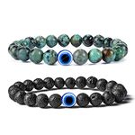 Young & Forever Gift Valentine Gift Evil Eye Bracelet For Men Beaded Bracelets Diffuser Lava & African Turquoise Beads Bracelet For Women Long Distance Relationships Gift Couples Bracelets Set Of 2