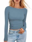 Kovbin Women's Long Sleeve Shirts Basic Y2k Boat Neck Crop Tops Workout Shirts Cute Preppy Fall Clothes Teen Girls Blue L