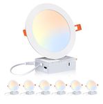 CLOUDY BAY 6 Pack 5CCT 6 Inch Ultra Thin LED Recessed Ceiling Light Fixture with Junction Box, 2700K/3000K/3500K/4000K/5000K Selectable, 15W Dimmable Canless, 1000LM High Brightness