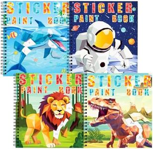 homicozy 4PCS Sticker Paint Books for Kids Ages 4-10,Dinosaur Astronaut Ocean Animals Designs Paint by Stickers,Sticker by Numbers,Party Birthday Gifts for Boys 4-10,Create 40 Pictures at a Time